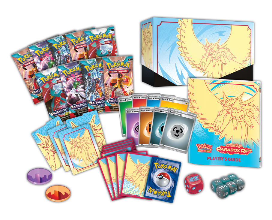 Pokémon TCG: Scarlet & Violet—Paradox Rift Elite Trainer Box contents (blue & yellow)